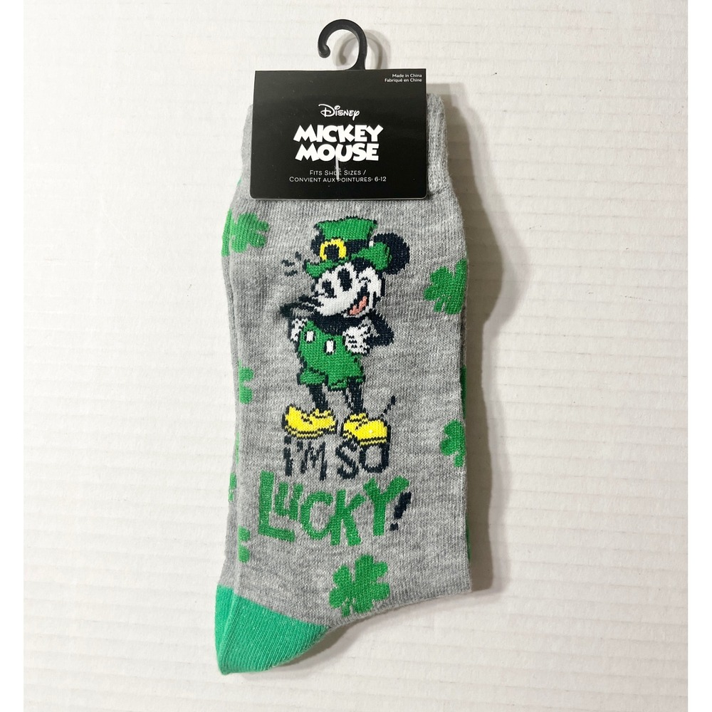 Disney Mickey Mouse Socks 6-12 St Patricks Day Leprechaun Lucky Shamrock Gray